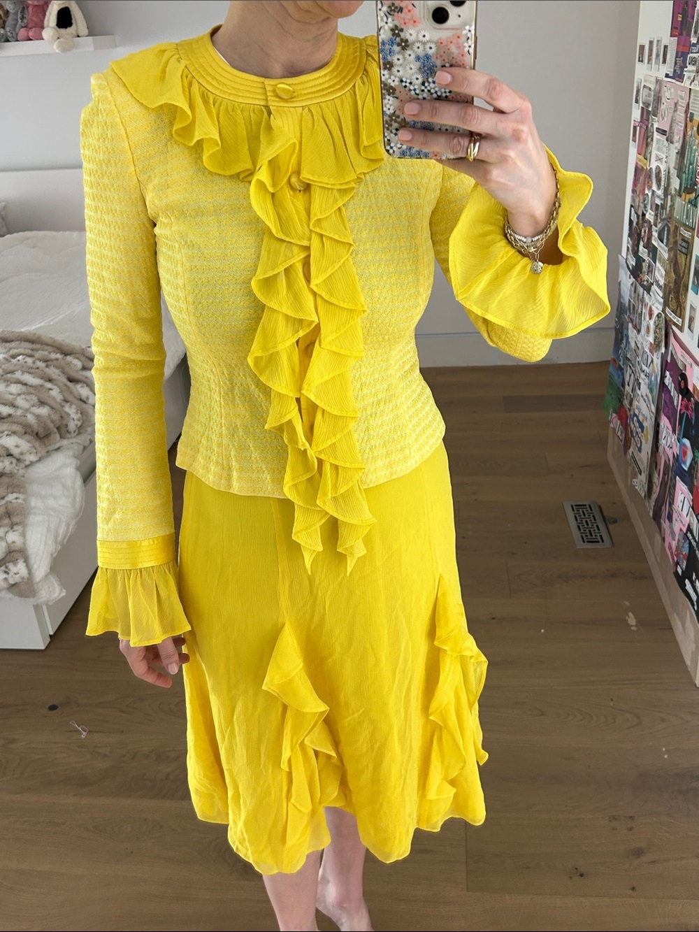 St. John Bright Yellow Ruffled Blazer and Skirt Suit